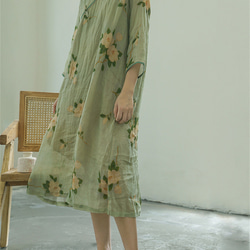 ロングスリーブプリントレディース綿麻ドレス 6枚目の画像
