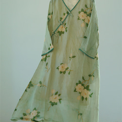 ロングスリーブプリントレディース綿麻ドレス 4枚目の画像