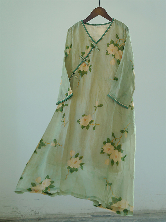 ロングスリーブプリントレディース綿麻ドレス 4枚目の画像