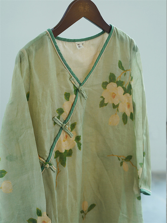 ロングスリーブプリントレディース綿麻ドレス 3枚目の画像