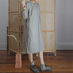 シンプルプリントレディースロングスリーブ綿麻ドレス 2枚目の画像