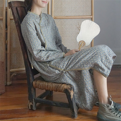 シンプルプリントレディースロングスリーブ綿麻ドレス 1枚目の画像