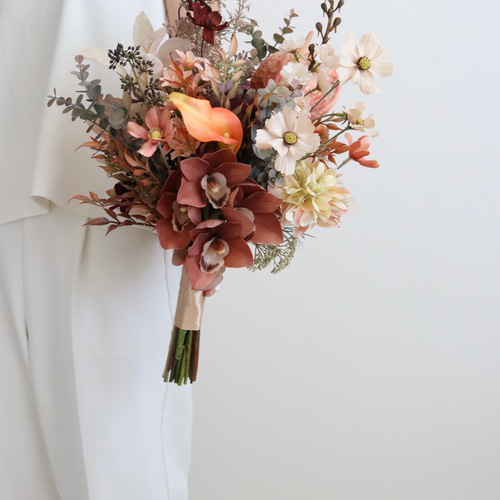 ブラウン×テラコッタカラーの秋色ブーケ ブートニア ウェディング 秋