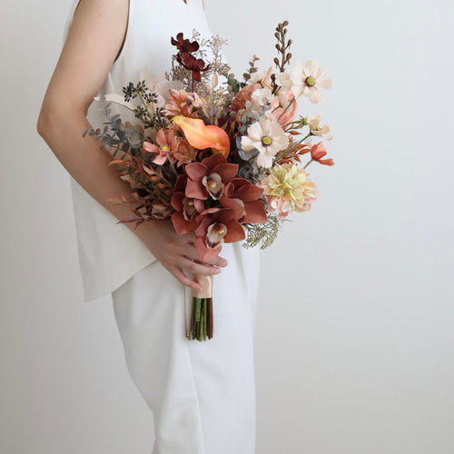 ブラウン×テラコッタカラーの秋色ブーケ ブートニア ウェディング 秋
