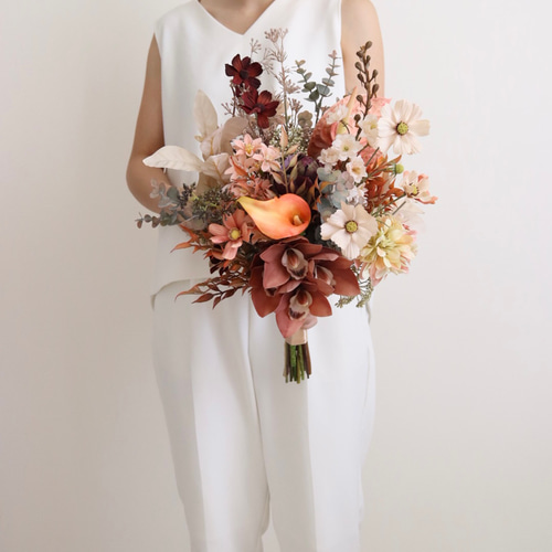 ブラウン×テラコッタカラーの秋色ブーケ ブートニア ウェディング 秋