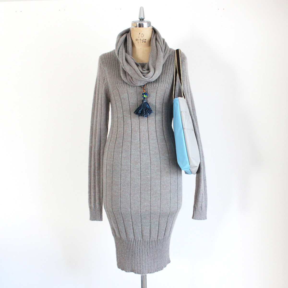 ワンピース ニット ロングプルオーバー 秋冬 ストール付き ライトブルー ミックス糸【定価27,500円】