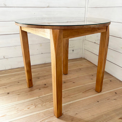 ハワイアンテーブル ラウンドテーブル 天然木製家具 ハイビスカスの無垢テーブル 丸い机 ガラスの天板 マホガニー材 花 7枚目の画像