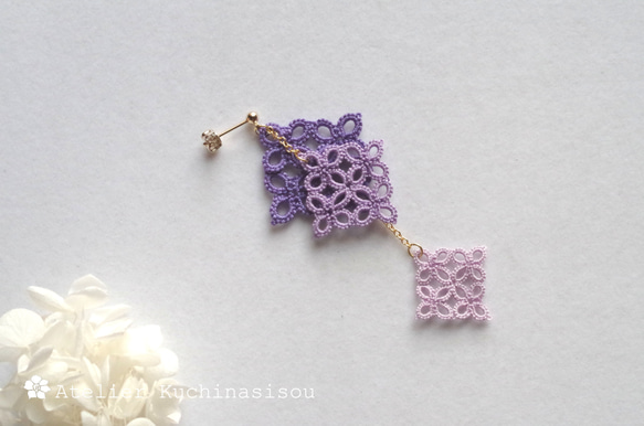 【訂做】梭織蕾絲方形耳環三件（紫色） 第4張的照片