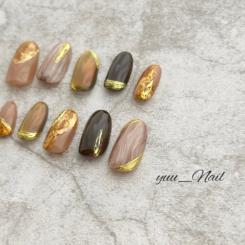 送料無料】秋先取りブラウンニュアンスネイル/秋ネイル/ミラーネイル