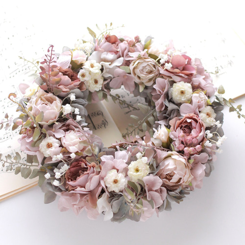 オールドローズとダリアのお花のリース  フラワーリース  リース  造花 オールドローズとダリアのお花のリース フラワーリース リース 造花