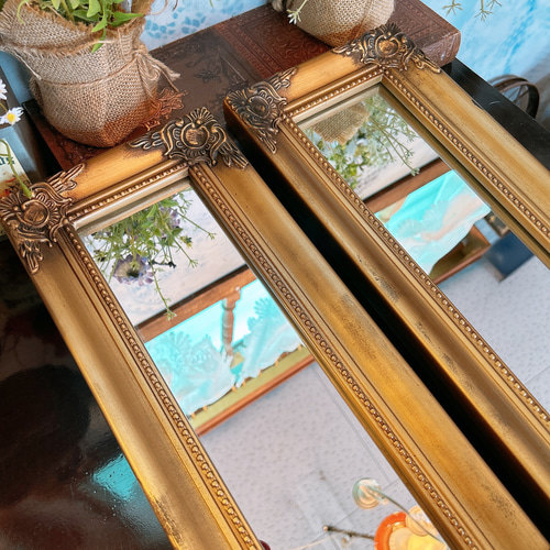 壁掛け、立て掛けミラー2枚1組アンティーク風ブロカント 【公式通販】