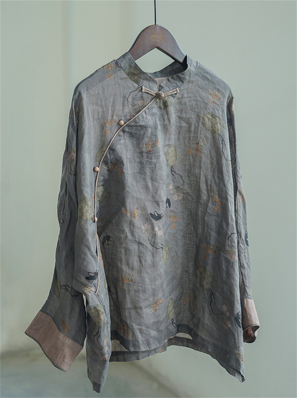 綿麻プリントロングスリーブレディースシャツ 2枚目の画像