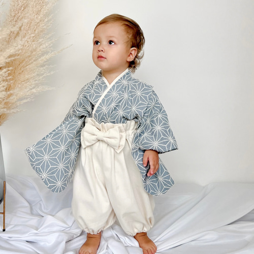 ベビー袴 麻の葉刺繍dustyブルー×キナリ 70/80 ベビー服 KANA