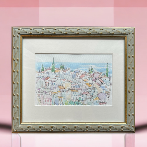 ブーゲンビリア咲くレストラン　透明水彩画　ホワイト額入り 透明水彩画 原画 「エーゲ海とブーゲンビリア05」額縁付 SM