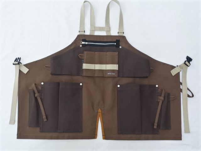 ライトブラウン×濃茶・ライトブラウン　８号帆布ショートサロペットエプロン　丈夫なエプロン　男女兼用です。