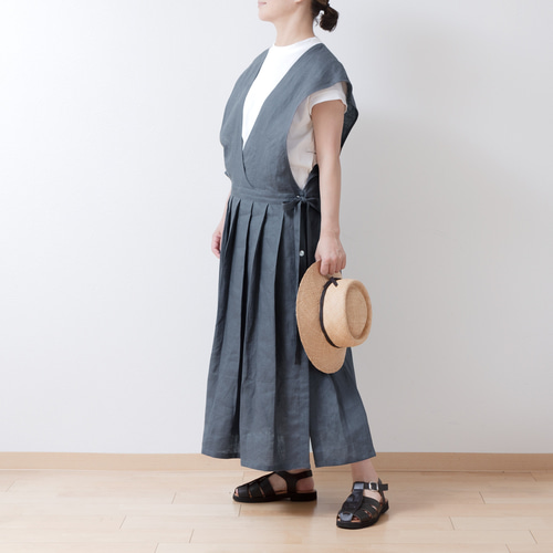 ハンドメイド　エプロン　カシュクール　リネン 大人ガーリーなエプロンカシュクールワンピース-フレンチリネン