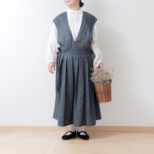 成人女孩圍裙cachecoeur連身裙-法國亞麻/灰色 第2張的照片