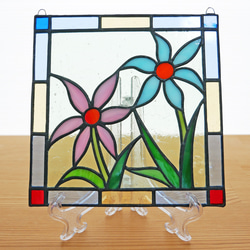 ステンドグラス ミニパネル 野花(ピンク&水色) 15cm 1枚目の画像
