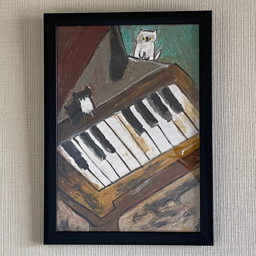 絵画。壁掛け原画【可愛い猫たちとロマンチックのピアノ曲】 絵画。壁掛け原画【可愛い猫たちとロマンチックのピアノ曲】