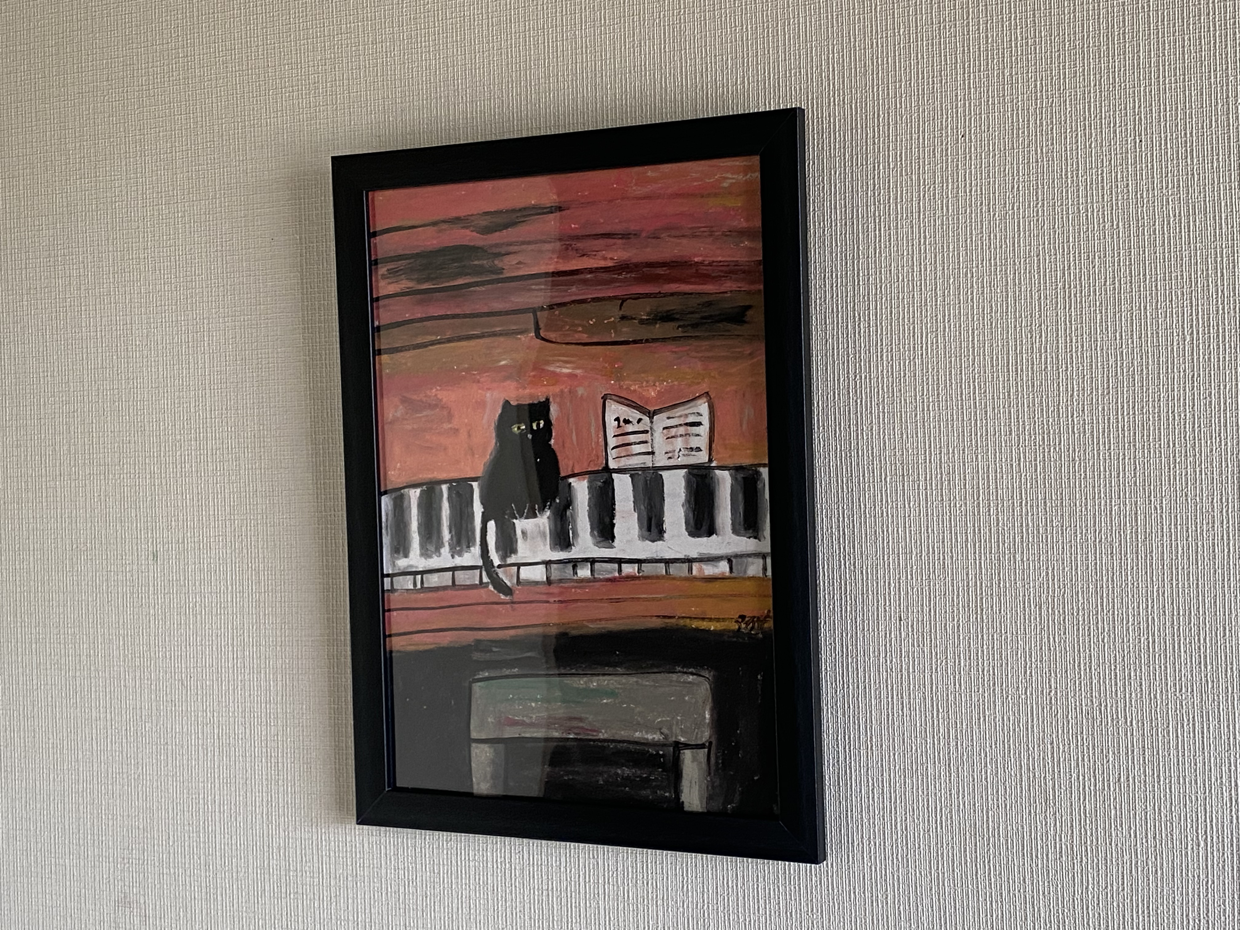 絵画。壁掛け原画【ピンクのピアノ童話とかわいい黒猫】