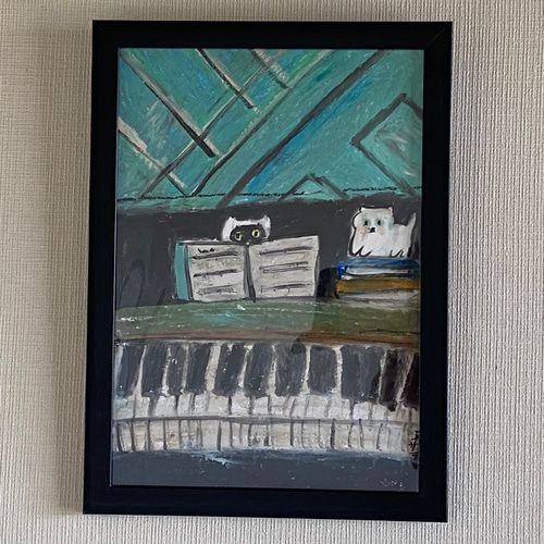 絵画。壁掛け原画【青い空の下のピアノの曲と楽しい猫たち