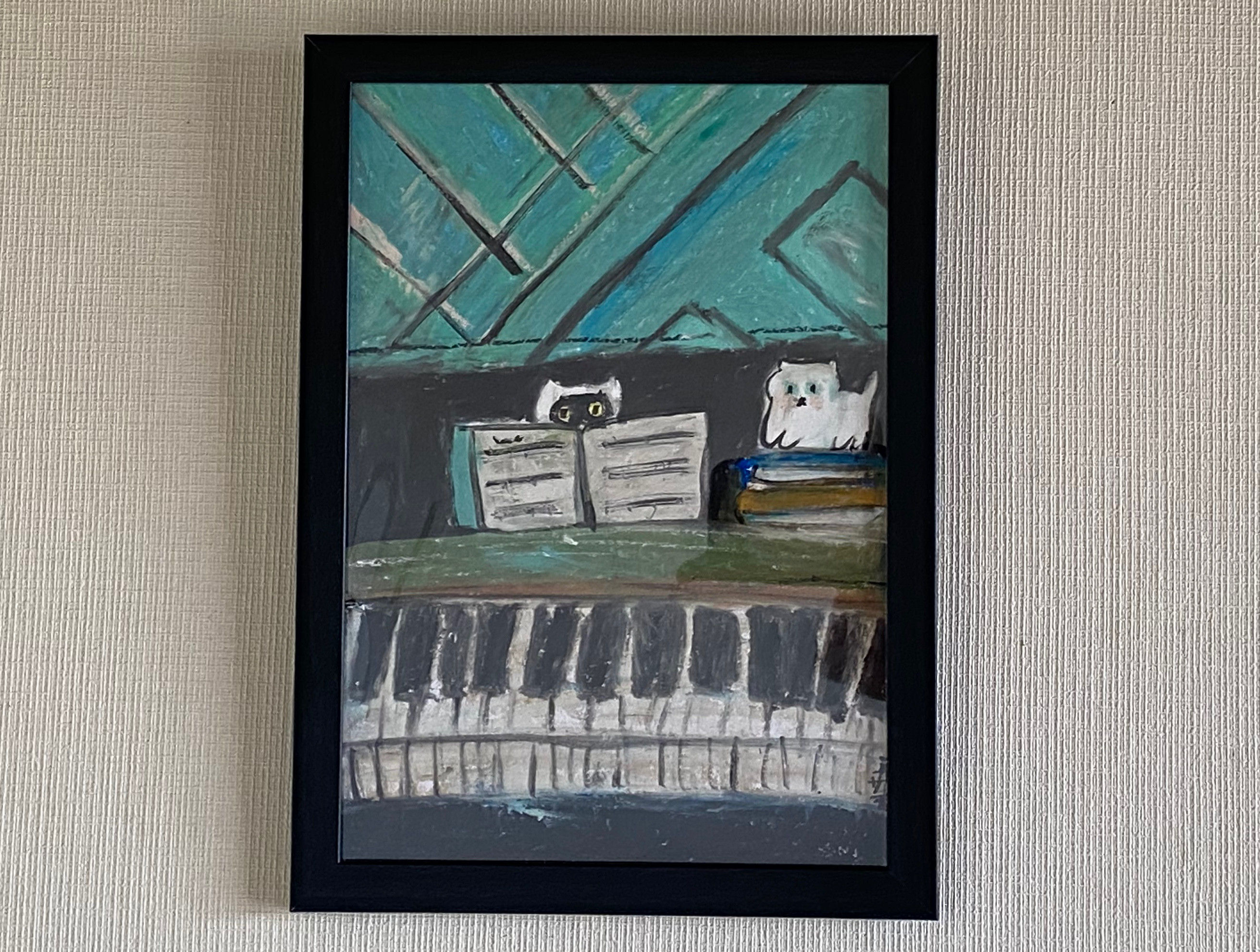 絵画。壁掛け原画【素敵なピアノ曲と椅子の上で寝たい猫】