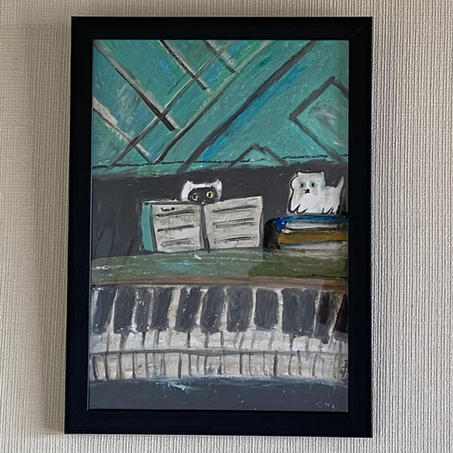 絵画。壁掛け原画【青い空の下のピアノの曲と楽しい猫たち