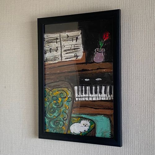 人気ランキング 絵画。壁掛け原画【素敵なピアノ曲と椅子の上で寝たい猫】 絵画 絵画+タペストリー