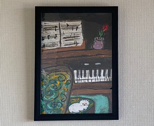 日本全国送料無料商品 | 特集 | 絵画。壁掛け原画【素敵なピアノ曲と椅子の上で寝たい猫】 絵画 絵画+タペストリー
