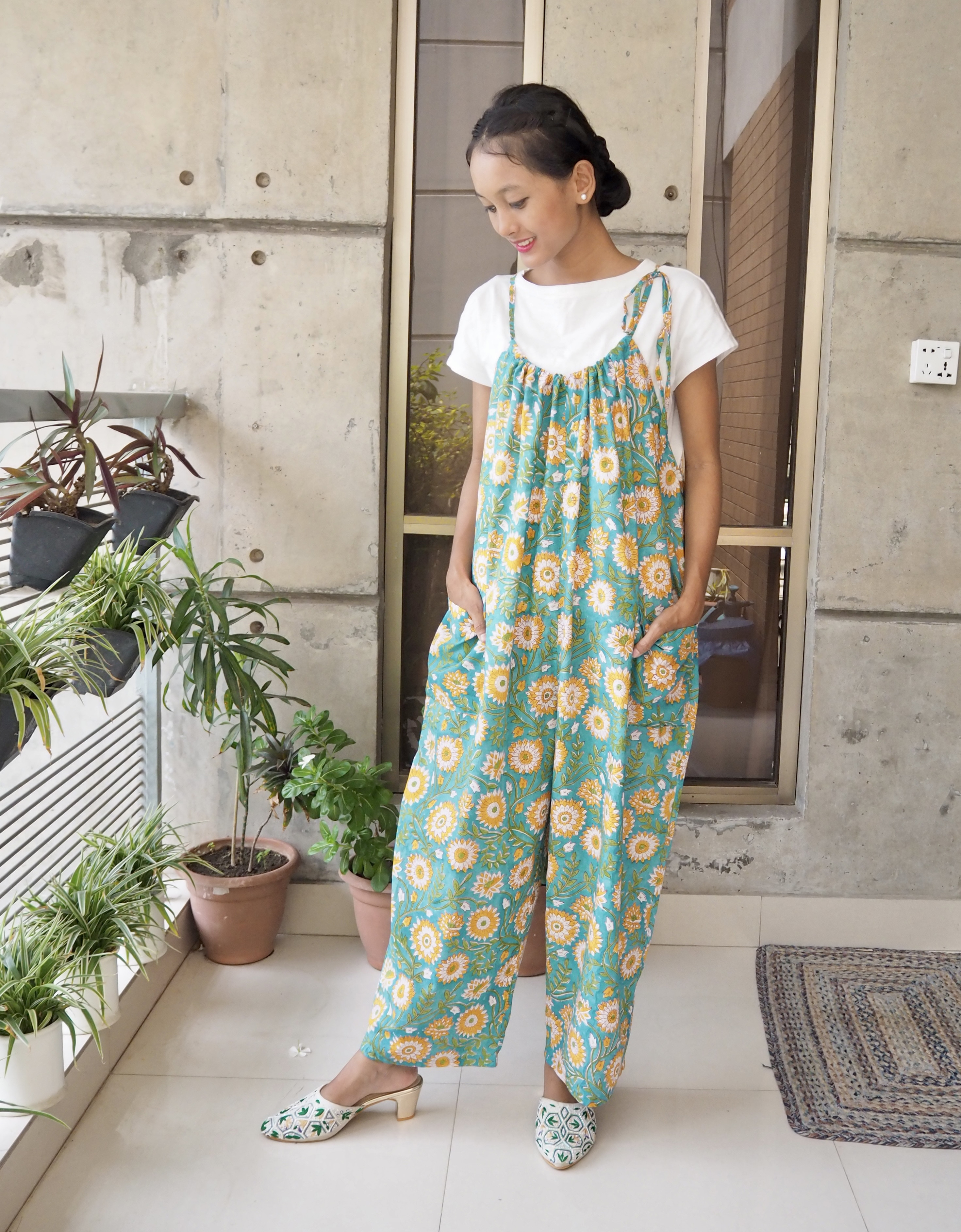 ハンドブロックプリント紐サロペット