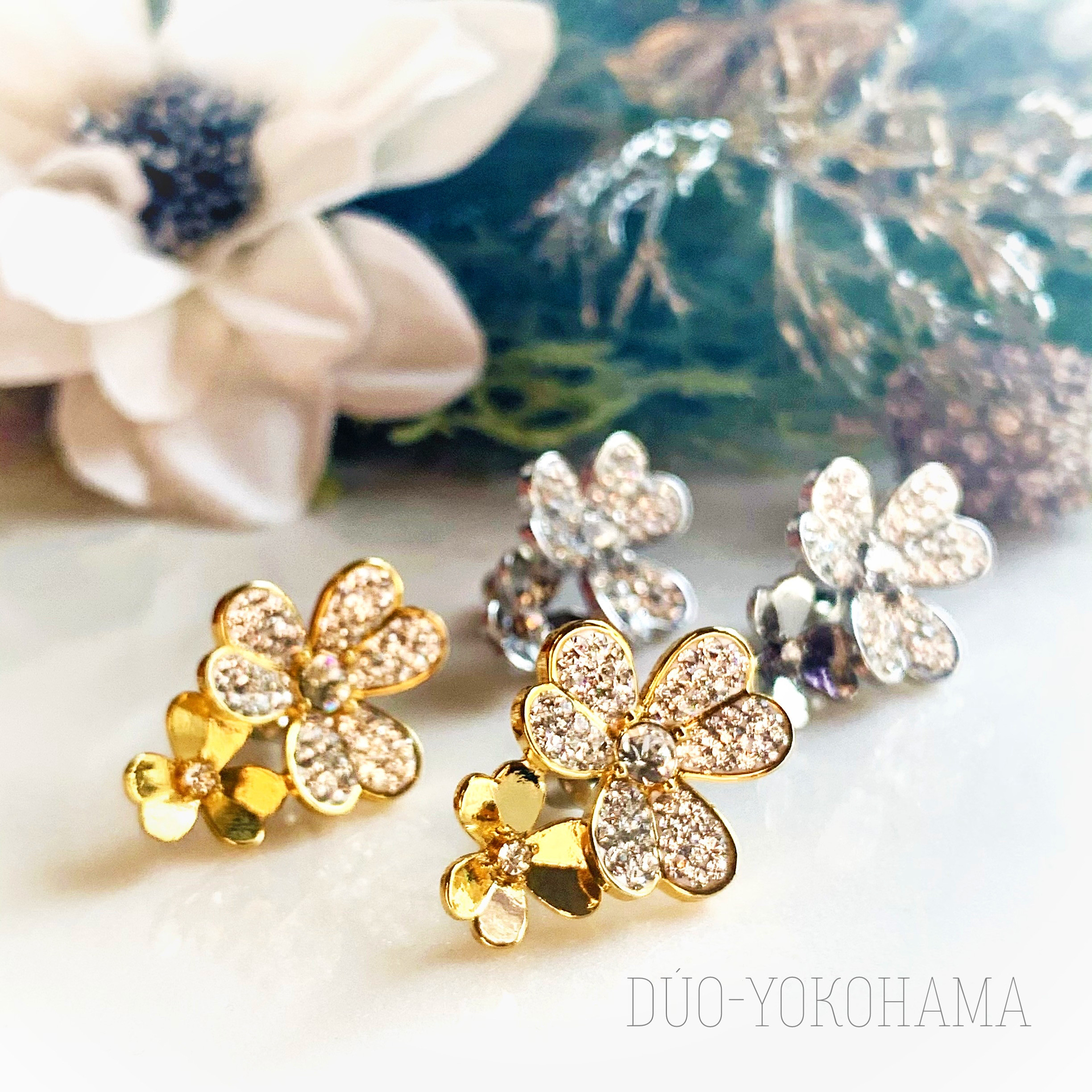 【送料無料】ハンドメイド　フルールピアス　フラワーピアス　お花イヤリング　スワロ