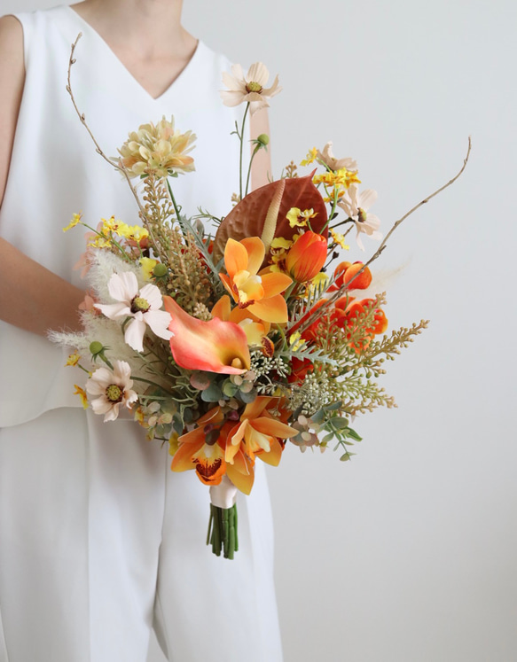 オレンジブーケ　テラコッタ　ウェディング　結婚式　完成品　即納可能　秋ブーケ　前撮り　造花　アーティフィシャルフラワー　 12枚目の画像