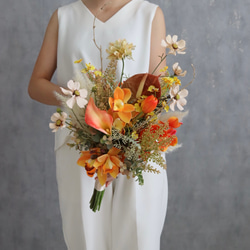 オレンジブーケ　テラコッタ　ウェディング　結婚式　完成品　即納可能　秋ブーケ　前撮り　造花　アーティフィシャルフラワー　 1枚目の画像