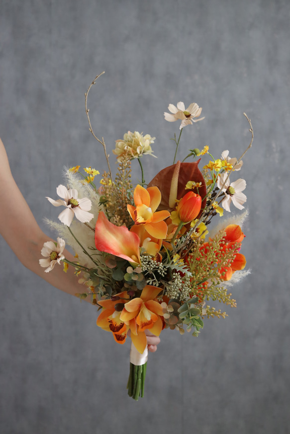 オレンジブーケ　テラコッタ　ウェディング　結婚式　完成品　即納可能　秋ブーケ　前撮り　造花　アーティフィシャルフラワー　 15枚目の画像
