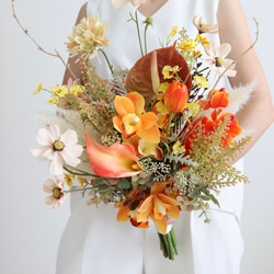 オレンジブーケ　テラコッタ　ウェディング　結婚式　完成品　即納可能　秋ブーケ　前撮り　造花　アーティフィシャルフラワー　 11枚目の画像