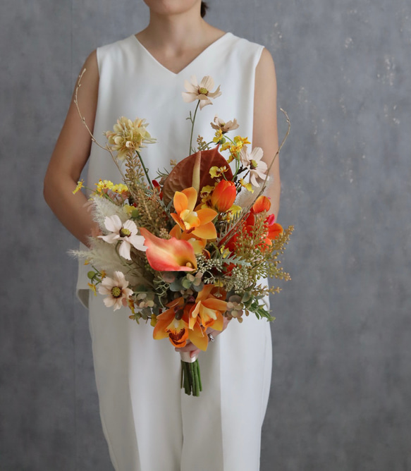 オレンジブーケ　テラコッタ　ウェディング　結婚式　完成品　即納可能　秋ブーケ　前撮り　造花　アーティフィシャルフラワー　 16枚目の画像
