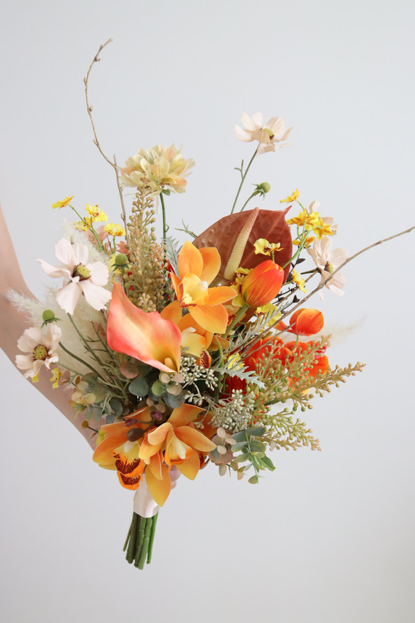 オレンジブーケ　テラコッタ　ウェディング　結婚式　完成品　即納可能　秋ブーケ　前撮り　造花　アーティフィシャルフラワー　 9枚目の画像