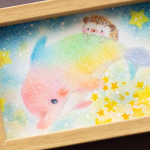 star  whale  ハンドメイドパステル画　絵画アート原画 海とイルカのパステルアート Under the Aurora オーロラの下で