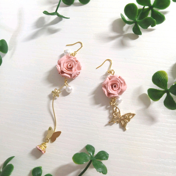 バタフライroseピアス（イヤリング）ピンク 2枚目の画像