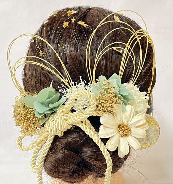 レッドグリーン♡金箔付♡髪飾り ヘッドドレス 前撮り 成人式 卒業式 七五三 レッドグリーン♡金箔付♡髪飾り ヘッドドレス 前撮り 成人式 卒業式