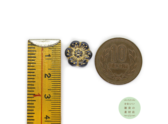 14mm チェコビーズ プレス ワイルドローズ 不透明ダークブルーグレー＆ゴールド （花）3個セット #BCZ-0123 3枚目の画像
