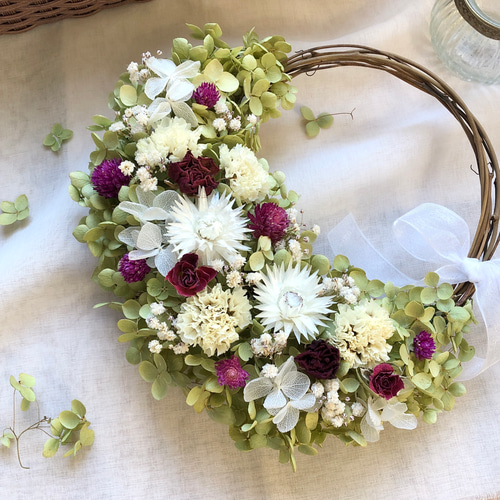 Natural＊ミニバラと千日紅のホワイトリース☆ドライフラワーリース