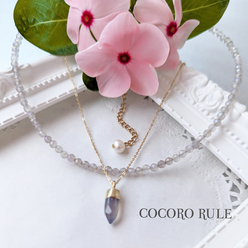 Creem限定」「重ね付け2本Setネックレス❥グレーオニキス❥ポイント型 