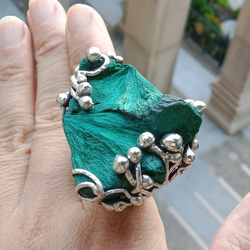 孔雀石原礦手工銀戒 純銀戒指~ 「丘」~ Malachite Mineral Silver Ring 第13張的照片