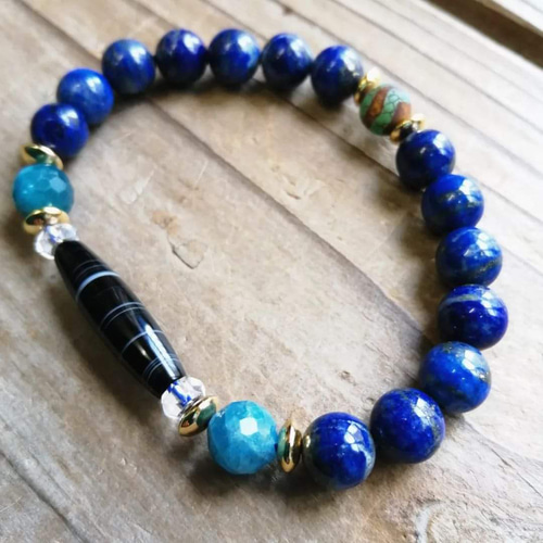 ◇黒瑪瑙線天珠、水紋天珠＆ラピスラズリ、ブルーアパタイトの