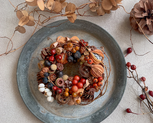 秋を楽しむ こっくり木の実のリース / 秋限定2024 ドライフラワー