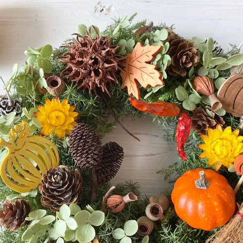 NO143 たっぷり木の実とプリザのHalloween リース⸜❤︎⸝‍ NO143