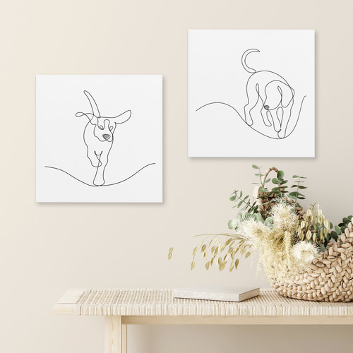 正方形キャンバス_ラインアートDOGSモノトーン2枚セット 北欧