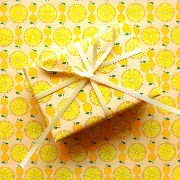 レモン柄デザインペーパー　レトロな檸檬　オシャレな包装紙　ラッピングペーパー　コラージュ素材　母の日　父の日 1枚目の画像