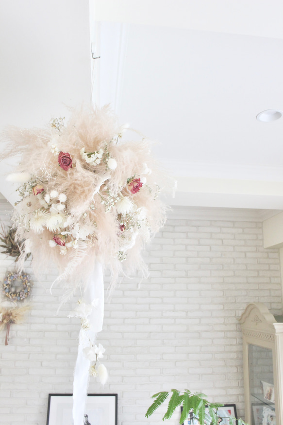 "duveteux"パンパス フライングリース 小花 ピンク リース〜pampas flying wreath〜 1枚目の画像